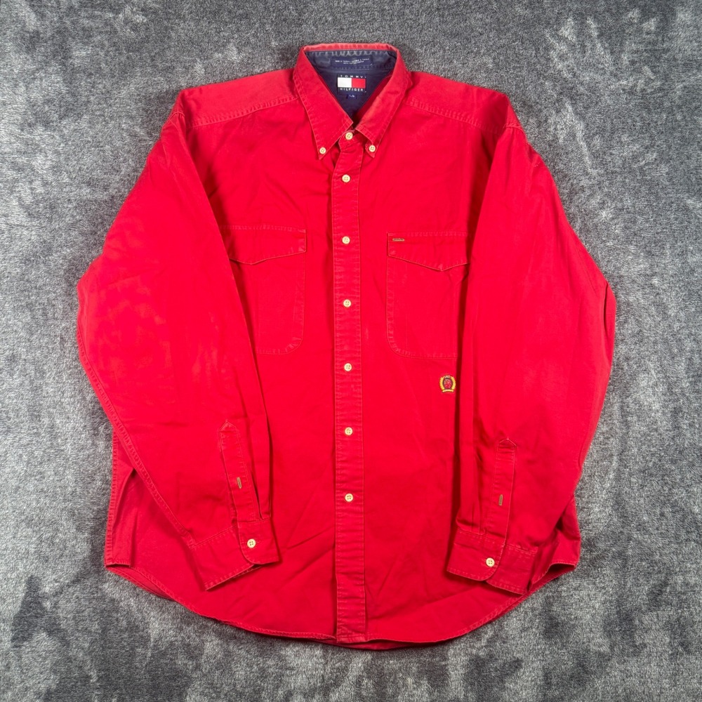 Vintage 90s Tommy Hilfiger Shirt Mens Large Red Crest Logo Button Up Flag